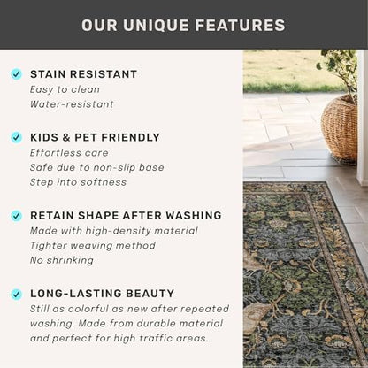 10 ft Long Vintage Runner Rugs for Hallways - 3x10 Wide Kitchen Runners, Entryway Rug, with Flowers and Leaves, Washable Non Slip Low Pile