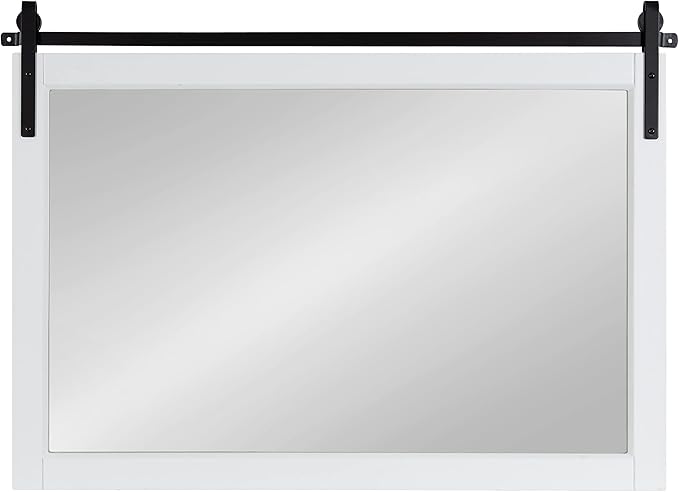 Kate and Laurel Skylan Modern Farmhouse Decorative Wood Framed Wall Mirror; 38 x 27; White and Black; Barn Door-Inspired Transitional Wall Hanging Mirror for Bathroom or Living Room Uses