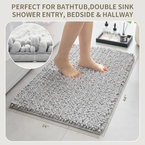Bathroom Rugs Non Slip Washable 44x24, Extra Thick Soft Chenille Absorbent Bath Mat, High Density Barrier Non Slip Backing, Quick Dry Plush Shaggy Floor Carpet for Tub&Shower, Silver