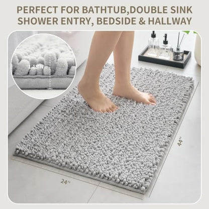 Bathroom Rugs Non Slip Washable 44x24, Extra Thick Soft Chenille Absorbent Bath Mat, High Density Barrier Non Slip Backing, Quick Dry Plush Shaggy Floor Carpet for Tub&Shower, Silver