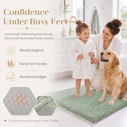 Yimobra Luxury Bathroom Rugs, Fluffy Bath Mats, Non Slip, Water Absorbent Microfiber, Machine Washable, Plush Runner Shower Rugs, Thick Matts for Bathroom Floor&Tub, 47" X 24", Light Green and White