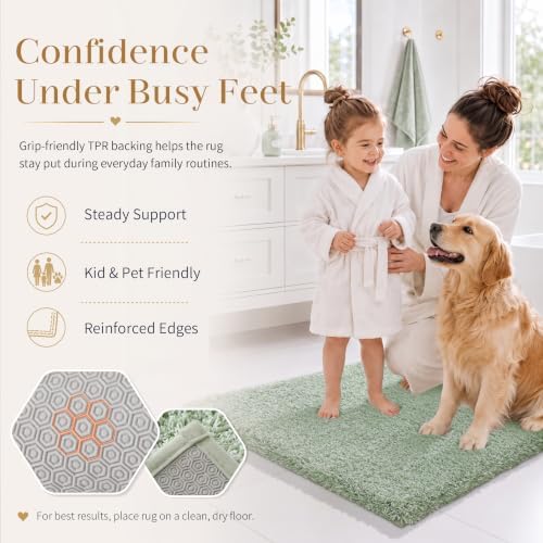 Yimobra Luxury Bathroom Rugs, Fluffy Bath Mats, Non Slip, Water Absorbent Microfiber, Machine Washable, Plush Runner Shower Rugs, Thick Matts for Bathroom Floor&Tub, 56" X 24", Light Green and White