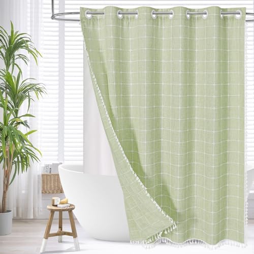 MitoVilla No Hooks Needed Boho Farmhouse Shower Curtain with Snap-in Liner, Cotton Linen Fabric Shower Curtains with Tassels for Rustic Neutral Bathroom Decor, Sage Green, 72 x 74