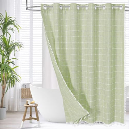 MitoVilla No Hooks Needed Boho Farmhouse Shower Curtain with Snap-in Liner, Cotton Linen Fabric Shower Curtains with Tassels for Rustic Neutral Bathroom Decor, Sage Green, 72 x 74