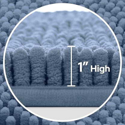 HOMEIDEAS Grey Blue Chenille Bathroom Rugs Set of 3, Non Slip Bath Mat