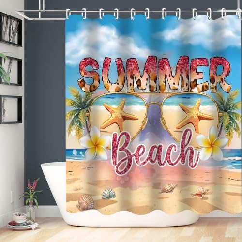 LQCOOL Beach Scene Shower Curtain Set 4Pcs Summery Bathroom Sets with Rugs Waterproof Shower Curtain with 12 Hooks for Bathroom Decor