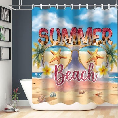 LQCOOL Beach Scene Shower Curtain Set 4Pcs Summery Bathroom Sets with Rugs Waterproof Shower Curtain with 12 Hooks for Bathroom Decor