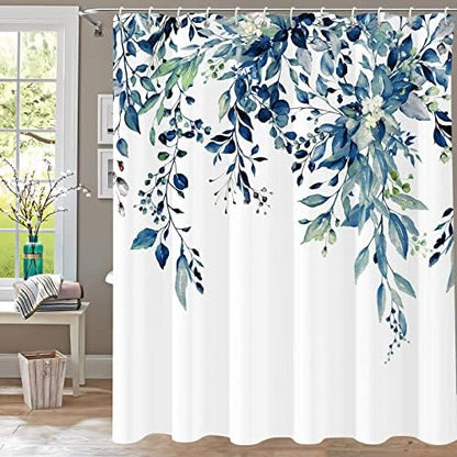 Shower Curtain, Shower Curtains for Bathroom Blue Eucalyptus Shower Curtain Watercolor Plant Bathroom Curtain Leaves Botanical Shower Curtain Set 72" W x 84" L with Hooks