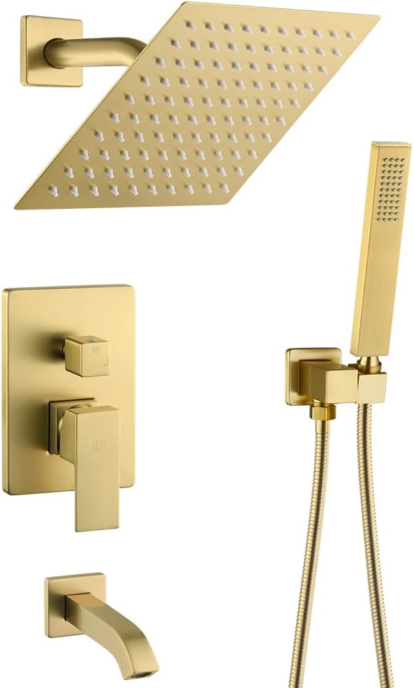 Brushed Gold Shower System Bathroom Shower Faucet Set with Tub Spout Wall Mounted 8 Inch Shower Head and Handle Set with Handheld 3 Function Tub and Shower Trim Kit with Valve
