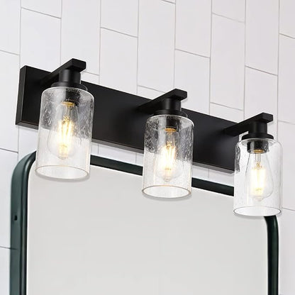 Vanity Lights 3-Lights Bathroom Light Fixtures Over Mirror in Black Finished, Bath Wall Lighting with Cylinder Seeded Glass