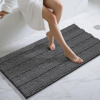 Yimobra Bathroom Rug Mat 47 x 24, Non Slip and Super Absorbent Bath Mat,Machine Washable Quick Dry,Ultra Plush Chenille Shower Rugs for Bathroom Floor Sink Tub and Shower Outside,Dark Gray