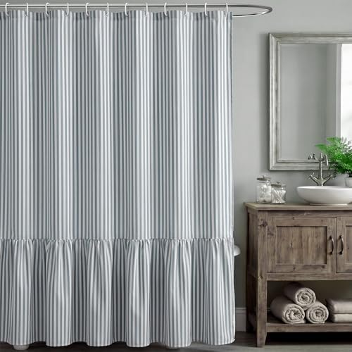 HunnmingRe Dust Blue Farmhouse Striped Shower Curtain Ruffle Hem 72x72''