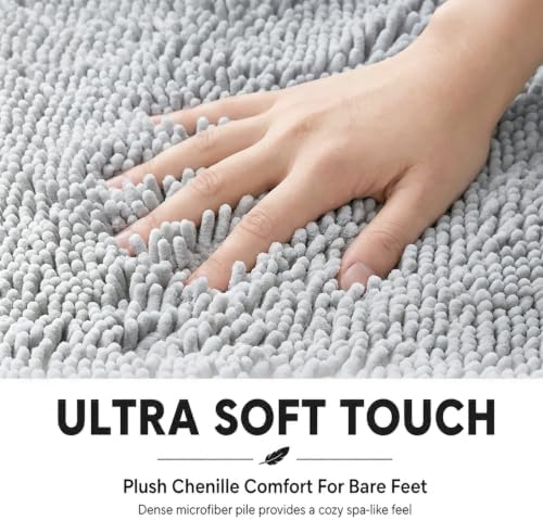 Bathroom Rugs Sets 2 Piece,Super Absorbent Soft,Thick,Machine Washable Chenille Bath Mat,Non Slip Toilet Floor Rug,Bath Mats for Bathroom,20x32 Plus 20x20 U Shape,Light Grey