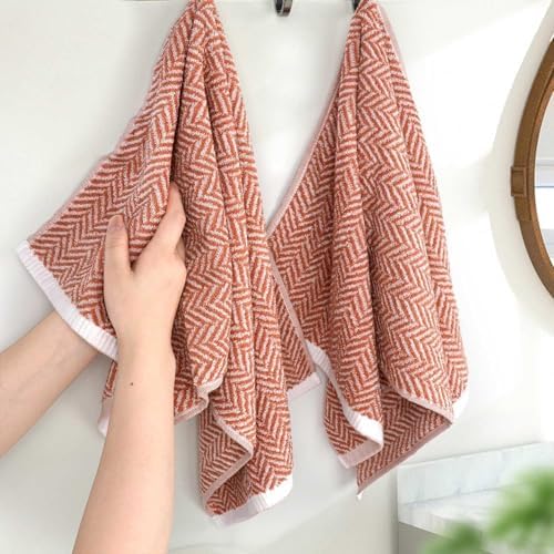 Cleanbear Hand Towels with Herringbone Stripes - Cotton, 4 Pack Coral