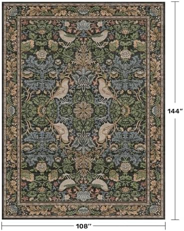 Vintage 9x12 Dining Room Rugs for Under Table - Dark Botanical & Bird Patterned Rugs for Living Room, Bedroom Under Bed, Traditional Cottage Brown and Green Décor, Washable Non Slip Folable Carpet