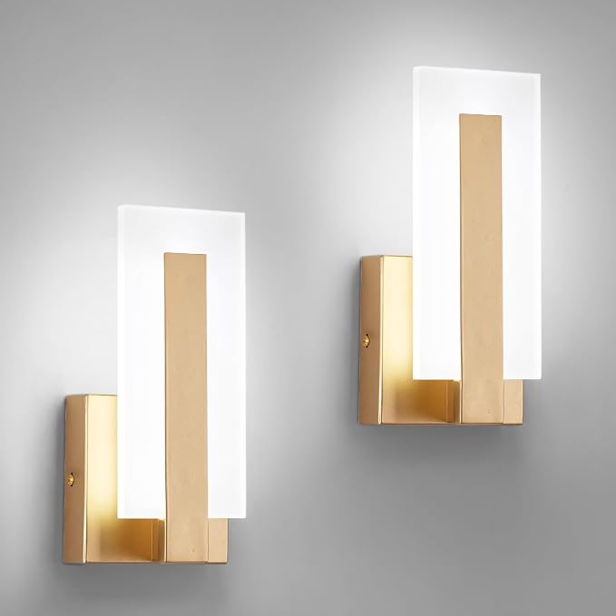 Modern Wall Sconces Set of Two, Indoor Wall Mounted Lighting Fixture, 6000K Cool White Hardwired LED Wall Light, LED Acrylic Gold Wall Sconce for Living Room, Corridor, Bedside