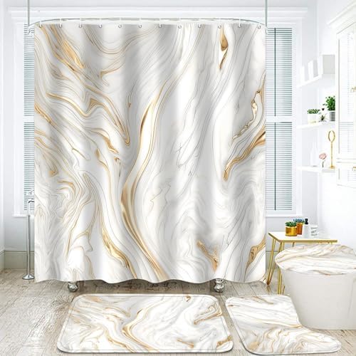 Nkzply 4Pcs White and Gold Marble Shower Curtain Set Bathroom Set with Rugs