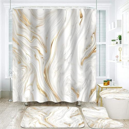 Nkzply 4Pcs White and Gold Marble Shower Curtain Set Bathroom Set with Rugs