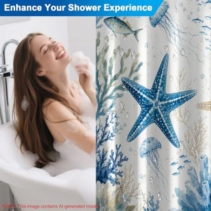 Ocean Style Navy Washable Shower Curtain with Weighted Bottom and 12 Hooks