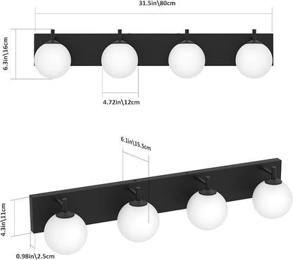 Aipsun Bathroom Light Fixtures, 4 Lights Matte Black Vanity Light, Modern Wall Sconces Lighting, Modern Bath Wall Mounted Lights with Milky Glass Globe(Exclude Bulb)