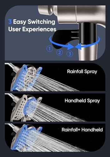 Shower Head with Handheld High Pressure, Rain Shower Head with Fixed Showerhead and 9 Sprays Handheld Shower, Detachable 2-IN-1 Shower head with 59" Rotatable Stainless Steel Hose (Nickel)