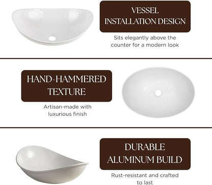 Monarch Abode Bathroom Sink – 19-Inch Harbor Vessel Bathrooms Countertop Sink, Bathroom Vessel Sinks, Above Counter Hand Hammered Classic White Aluminum Bath Sinks for Restroom Vanity or Powder Room
