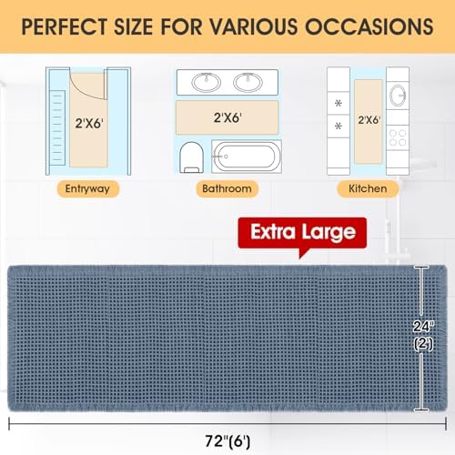 IM HOME Extra Large Waffle Bath Mat Blue 6'x2'(72" x 24"), Boho Woven Modern Bath Mat Rugs, Absorbent Non Slip Bathroom Rugs, Soft Washable Bath Rugs with Tassels for Bedroom, Kitchen, Shower, Tub