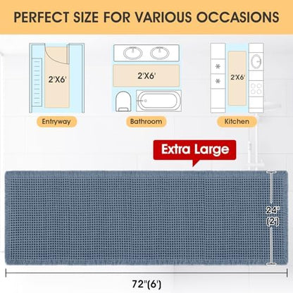 IM HOME Extra Large Waffle Bath Mat Blue 6'x2'(72" x 24"), Boho Woven Modern Bath Mat Rugs, Absorbent Non Slip Bathroom Rugs, Soft Washable Bath Rugs with Tassels for Bedroom, Kitchen, Shower, Tub