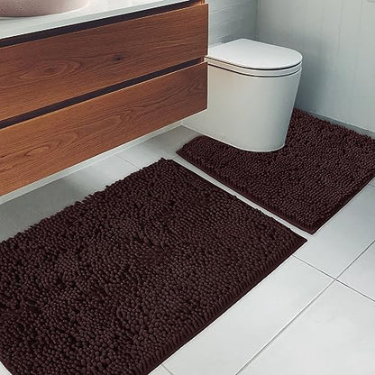 Bathroom Rugs Chenille Bath mat 2 Piece Set, Super Absorbent, Strong PVC Non Slip Backing, Bath mats for Bathroom, Plush Shaggy, Thick, Machine Washable, Bathtub, Shower, Toilet.(Brown)