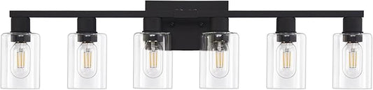 6 Light Bathroom Vanity Light, Matte Black Vanity Light Fixtures, Large Vanity Lights for Bathroom, Farmhouse Light Fixtures with Clear Glass Shade for Bathroom Over Mirror