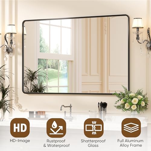 Antok 40x30 Black Metal Framed Bathroom Mirror, Wall Mirror with Round Corners, Vanity Mirror for Over Sink, Anti-Rust Tempered Glass, Horizontal/Vertical Hanging for Bathroom, Living Room, Entryway