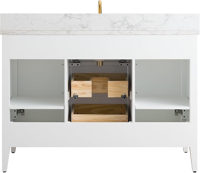 48 Inch Bathroom Vanity with Sink & Ceramic Top, Single Vanity Cabinet with Basin, Soft-Closing Doors & Matte Black Hardware, White
