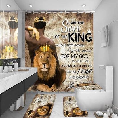 4Pcs Lion King Shower Curtain Set, Fathers Day Inspirational Black Man Bathroom Decor Shower Curtains and Rugs Toilet Lid Cover Bath Mat, Waterproof Africa American Shower Curtain for Man