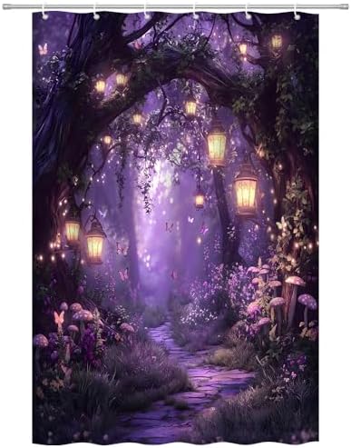 Fantasy Forest Path Shower Curtain Purple Fairy Magical Enchanted Misty Jungle Mushroom Floral Tree Butterfly Lantern Wonderland Bath Curtain Fabric Bathroom Accessories Decor with Hooks 47W x63L