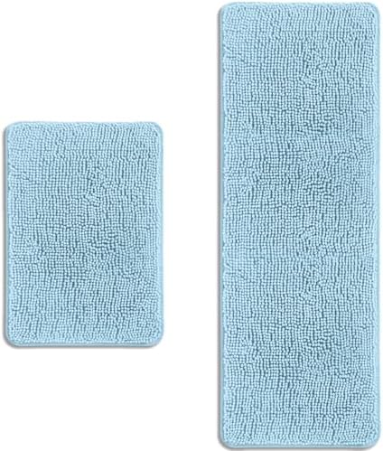Bathroom Rugs Sets 2 Piece – Absorbent and Washable Bath Mat, Non-Slip, Thick Soft Chenille Bath Rugs for Bathroom Floor, Shower, Sink(17" x 24"+17" x 47", Light Blue)