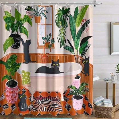 Funny Cat Shower Curtain Boho Cute Fun Black Cats Matisse Shower Curtains for Bathroom Kitten Green Tropical Plant Leaves Beige Brown Red Waterproof Fabric Bath Curtain Decor 72 X 78 Inches