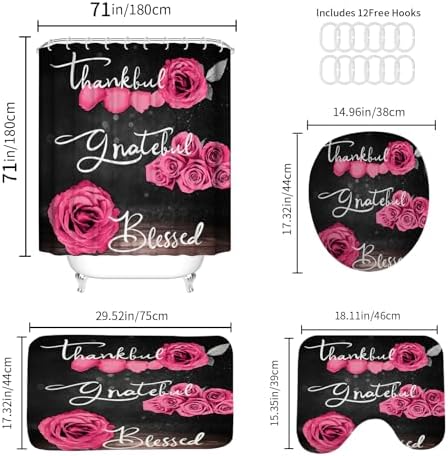 Onalasyc 4Pcs Pink Rose Floral Shower Curtain with Rugs Set
