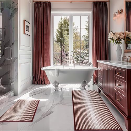 BSICPRO Bathroom Rugs Sets 2 Piece, Non Slip Striped Bath Mat, Burgundy Red