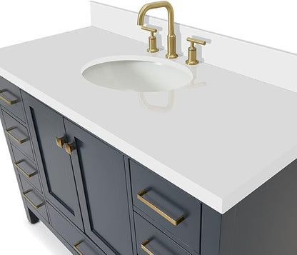 ARIEL Cambridge 48-inch Bathroom Vanity with Sink,Solid Wood, 1.5-inch Pure White Quartz Countertop & Backsplash, Single Oval Porcelain Sink, 2 Soft Closing Doors, 9 Dovetail Drawers, Midnight Blue