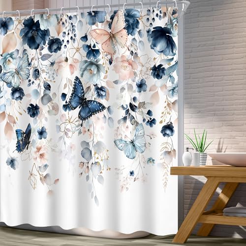 Extra Long Blue Pink Floral Butterfly Bathroom Shower Curtain Set