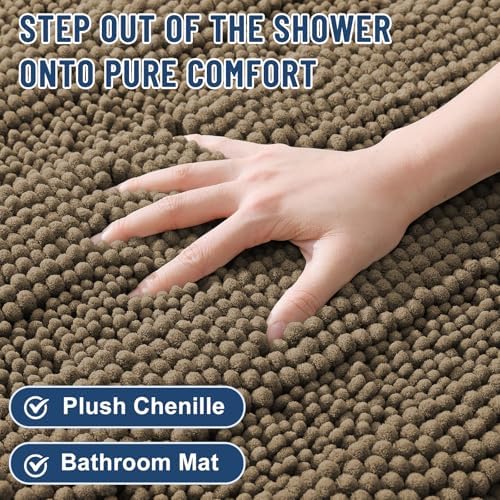 Grandaily Chenille Striped Bathroom Rugs 30x20, Extra Thick and Absorbent Bath Mats, Non-Slip Soft Plush Shaggy Shower Carpet, Machine Wash Dry, Bath Rug for Bathroom, (Medium, Camel)