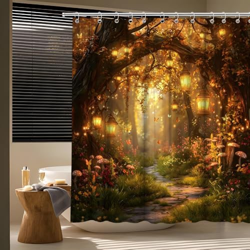 Fantasy Forest Path Shower Curtain Fall Fairy Magical Enchanted Misty Jungle Mushroom Floral Tree Butterfly Lantern Wonderland Bath Curtain Fabric Bathroom Accessories Decor with Hooks 70W x90L