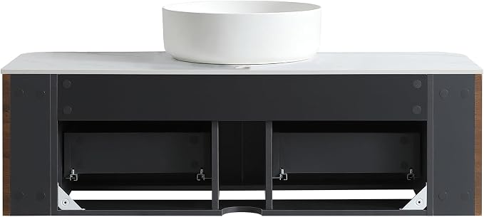 48" Floating Bathroom Vanity with White Vessel Sink, Walnut | Pre-Assembled Fluted Wall Mounted Vanity with Ceramic Sink and Countertop, Rounded Edges, Soft-Close Drawer & Towel Rack