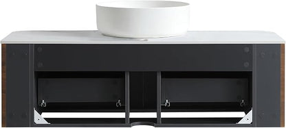 48" Floating Bathroom Vanity with White Vessel Sink, Walnut | Pre-Assembled Fluted Wall Mounted Vanity with Ceramic Sink and Countertop, Rounded Edges, Soft-Close Drawer & Towel Rack