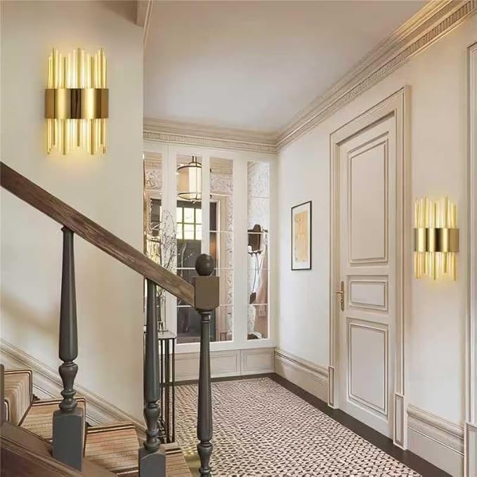 Gold Wall Sconces LED Dimmable Modern Crystal Wall Sconces Gold Wall Light Titanium Vanity Wall Light for Bedroom, Living Room, Dining Room Vanity Mirror Light, Dimmable 0-32W with Light Source,3000K
