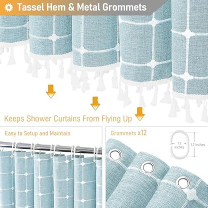BTTN Extra Long Boho Farmhouse Linen Shower Curtain Set, 72x96, Fog Blue