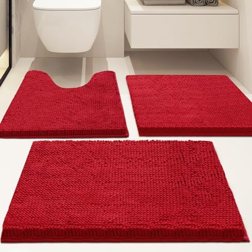 Bathroom Rugs Sets 3 Piece Non Slip,Bath Rugs with PVC Backing Bath Carpet,Bathroom Rug Washable,Absorbent,Plush Carpet Mats,Bath Mats for Bedroom, Kitchen,Tub,Home Decor(Red)