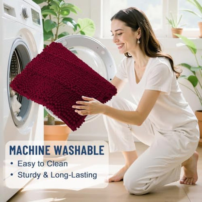 Grandaily Chenille Striped Bathroom Rugs 59x20, Extra Thick and Soft Absorbent Bath Mats, Rubber Backing, Plush Shaggy Shower Carpet, Machine Wash Dry, Bath Rug for Bathroom, Wine Red