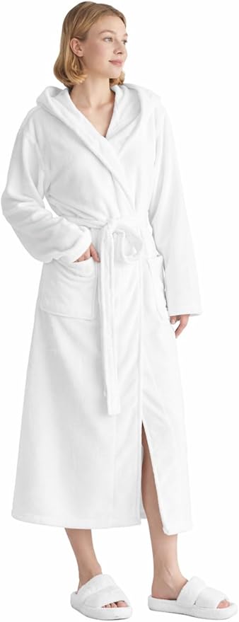 Robes for Women - Hooded Plush Fleece Bathrobe with Sash & Pockets, Full-Length Lightweight Spa Robe