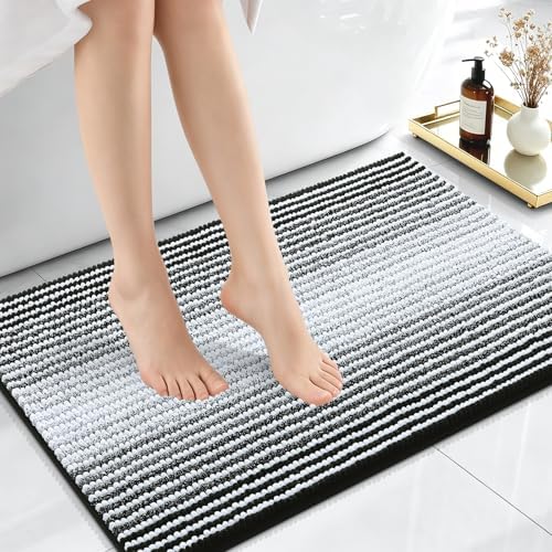 OLANLY Small Bathroom Rugs 24x16, Soft Chenille Striped Bath Rugs, Black